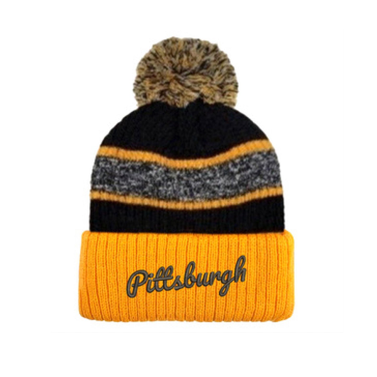 Pittsburgh Script Gold Stripe Pom Beanie