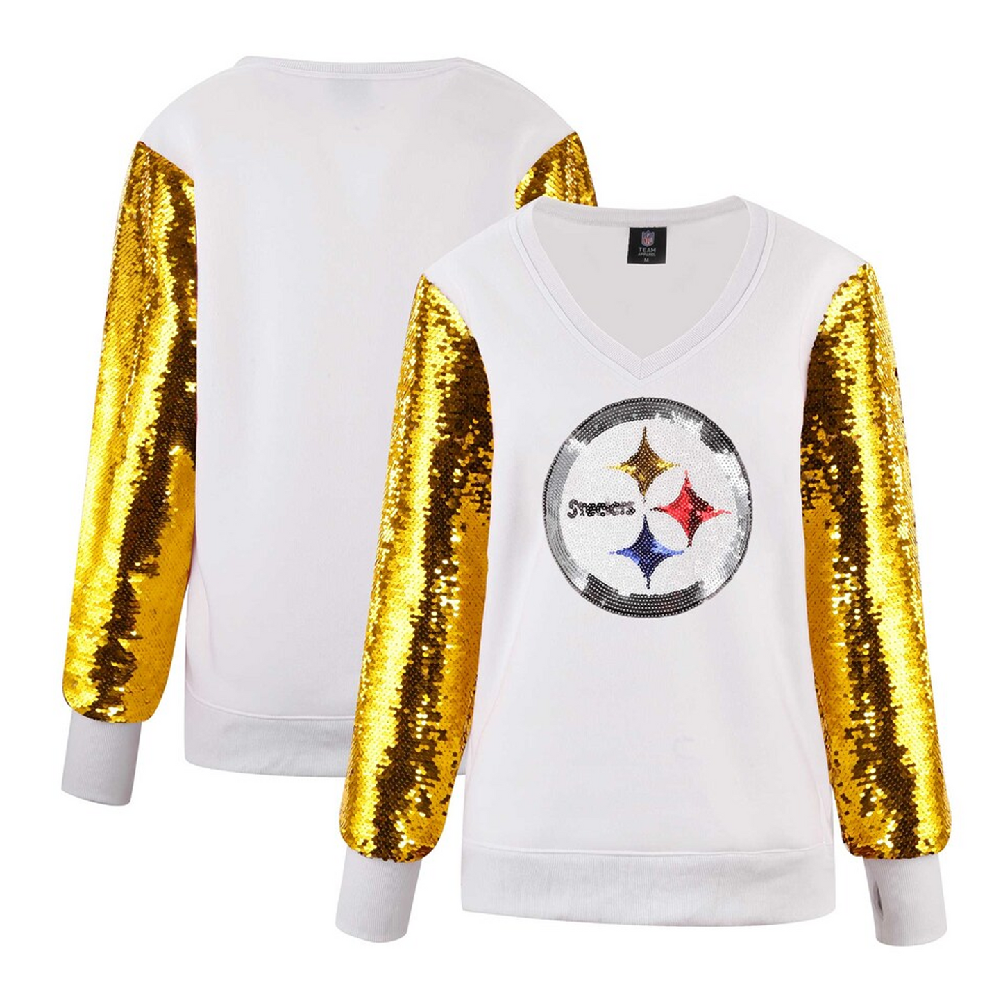 Women's Pittsburgh Steelers Cuce White Sequin Sleeve V-Neck Pullover Sweatshirt