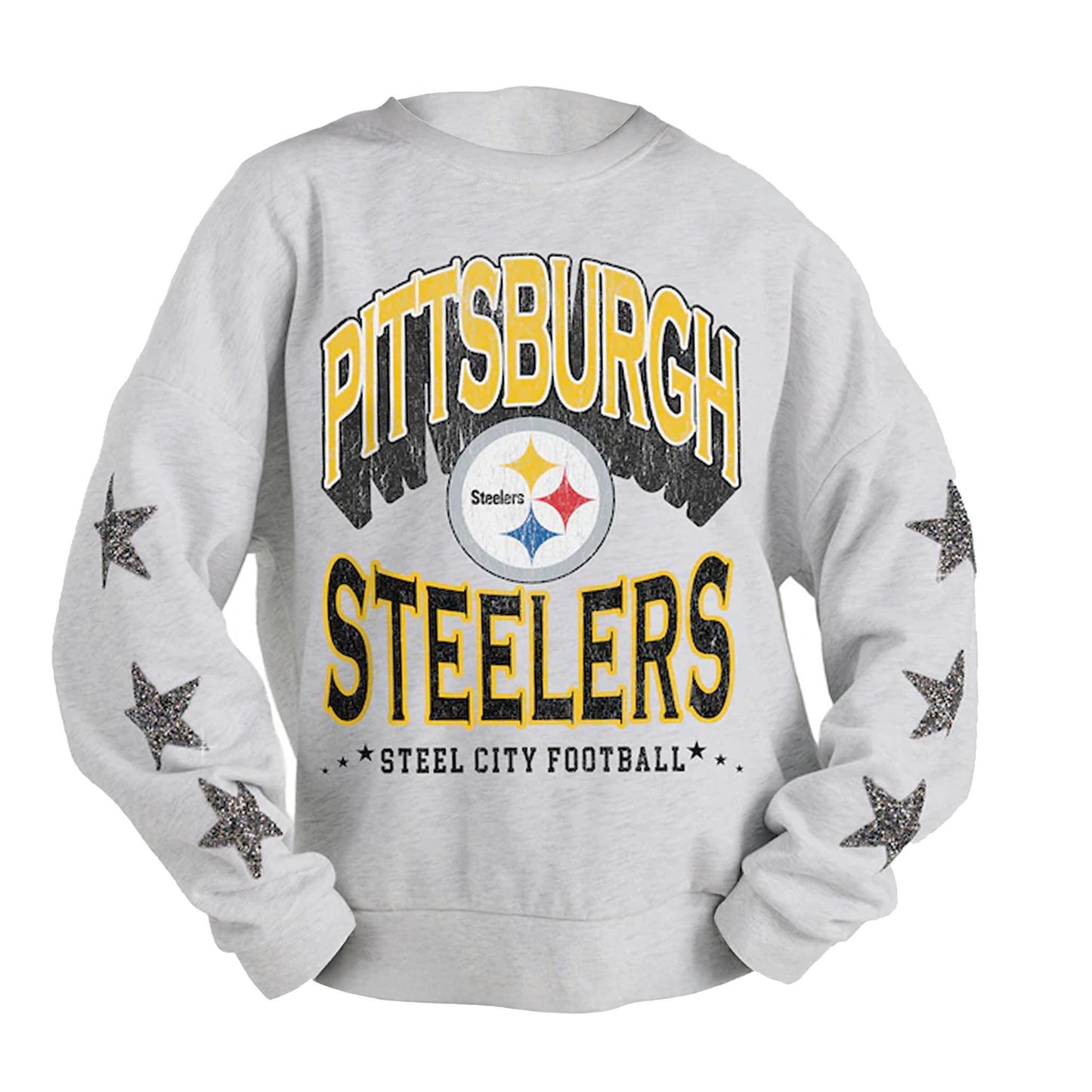 Pittsburgh Steelers Ash Resilience Relaxed Rhinestone Pullover Sweatshirt