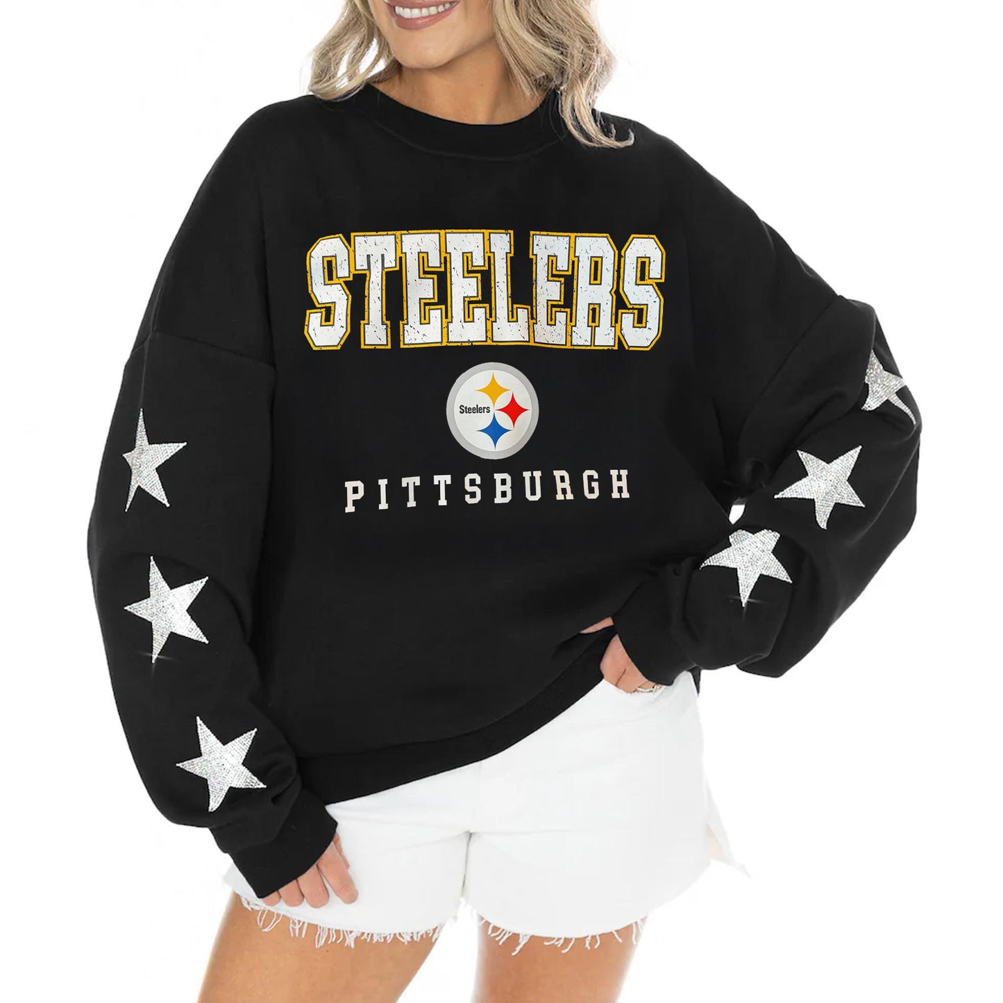 Pittsburgh Steelers Black Rhinestone Star Sleeve Oversized Pullover
