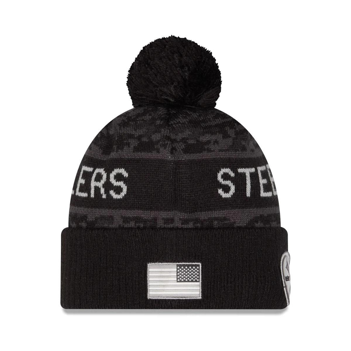 Pittsburgh Steelers New Era Black 2026 Salute To Service Cuffed Knit Hat with Pom