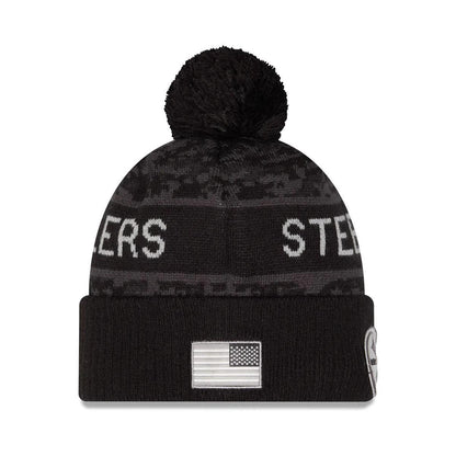 Pittsburgh Steelers New Era Black 2026 Salute To Service Cuffed Knit Hat with Pom