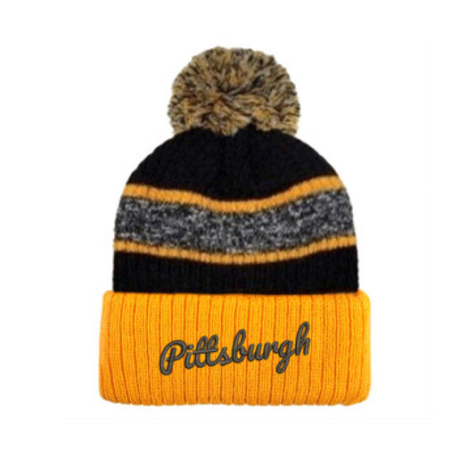 Pittsburgh Script Gold Stripe Pom Beanie