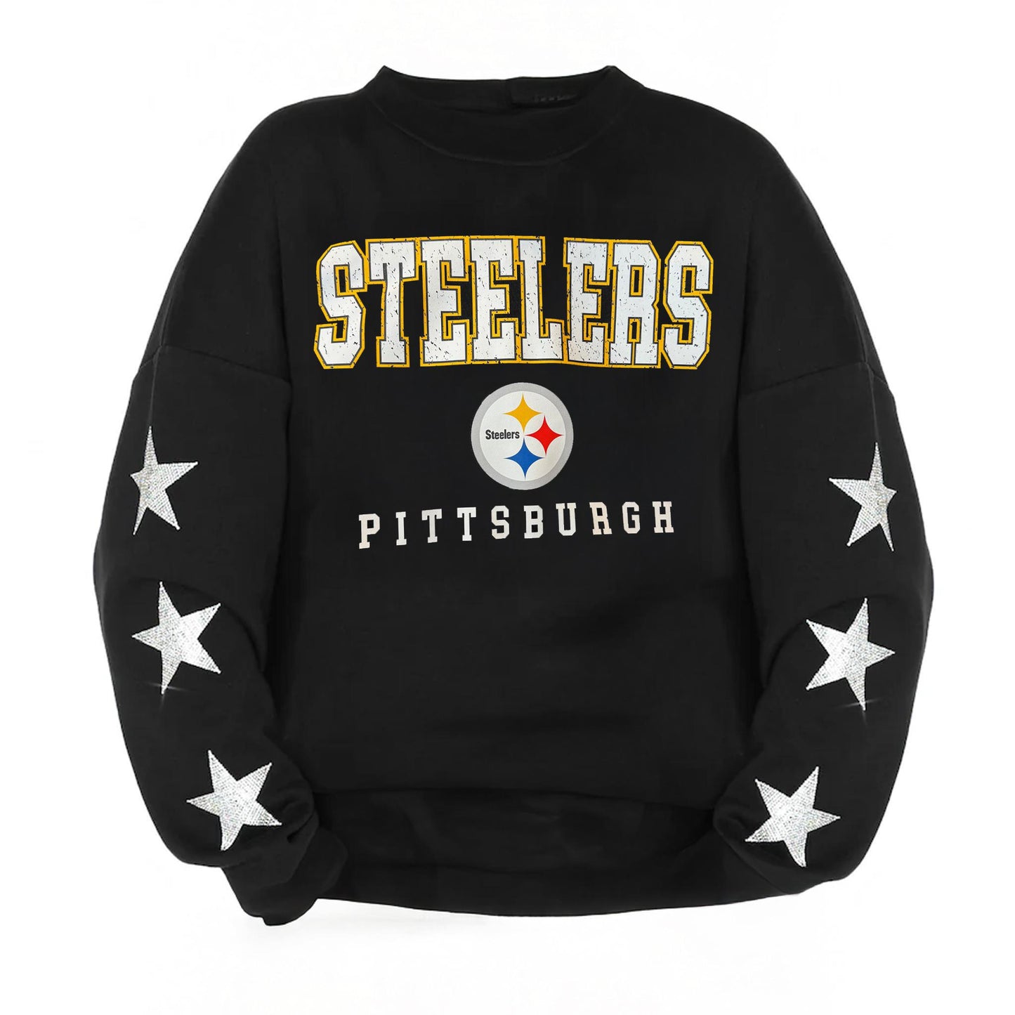 Pittsburgh Steelers Black Rhinestone Star Sleeve Oversized Pullover