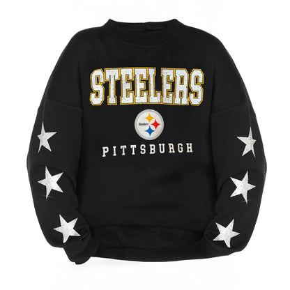 Pittsburgh Steelers Black Rhinestone Star Sleeve Oversized Pullover