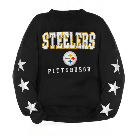 Pittsburgh Steelers Black Rhinestone Star Sleeve Oversized Pullover