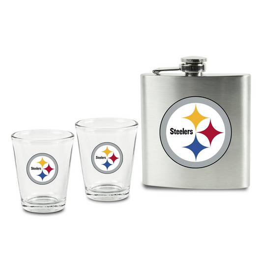 Pittsburgh Steelers Shot Glasses and Brushed Stainless Steel Flask Set