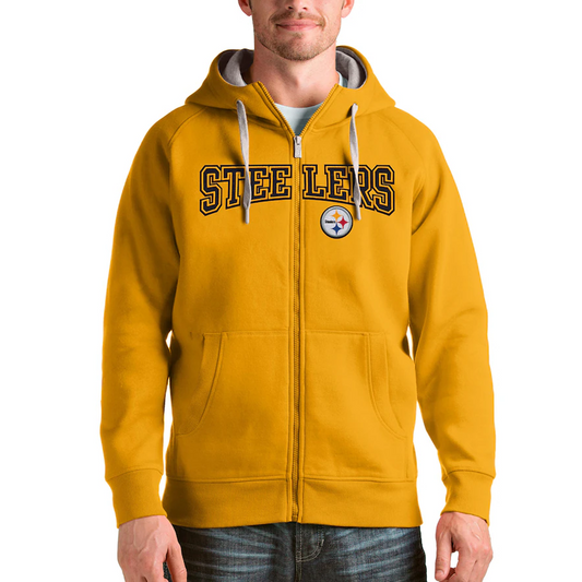 Pittsburgh Steelers Antigua Wordmark Victory Full-Zip Gold Hoodie