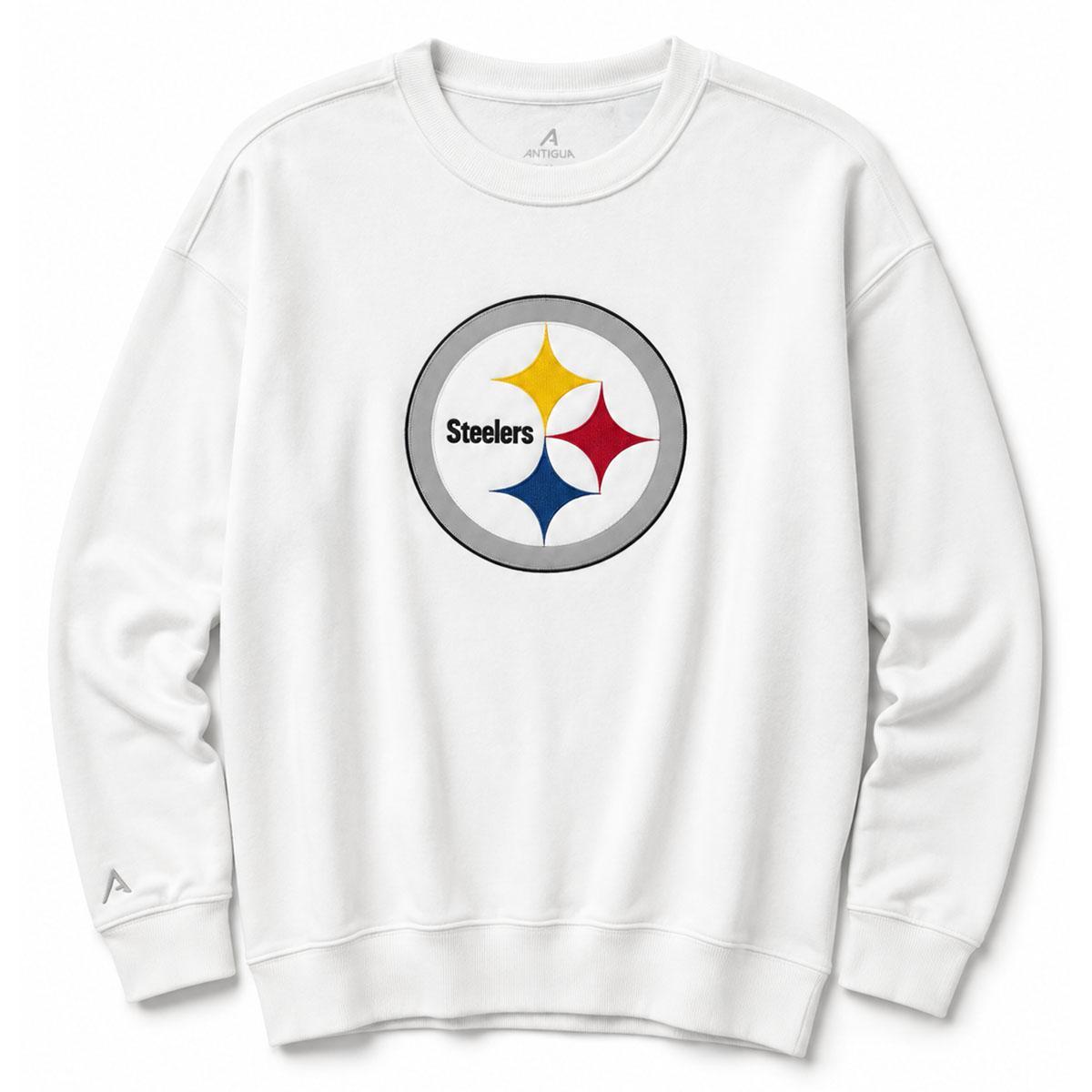 Pittsburgh Steelers Primary Logo Antigua Victory White Crew Neck Sweatshirt