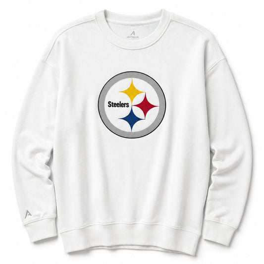 Pittsburgh Steelers Primary Logo Antigua Victory White Crew Neck Sweatshirt