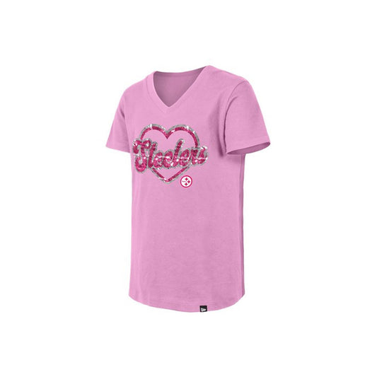 Girls Youth New Era Pink Pittsburgh Steelers Flip Sequins V-Neck Tee