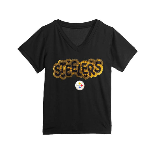 Girls Pittsburgh Steelers Sequin Heart V-Neck Top