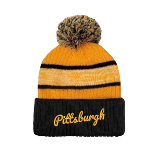 Pittsburgh Script Black Stripe Pom Beanie