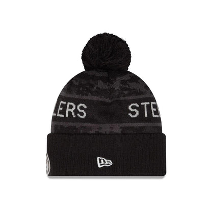 Youth Pittsburgh Steelers New Era Black 2026 Salute To Service Cuffed Knit Hat with Pom