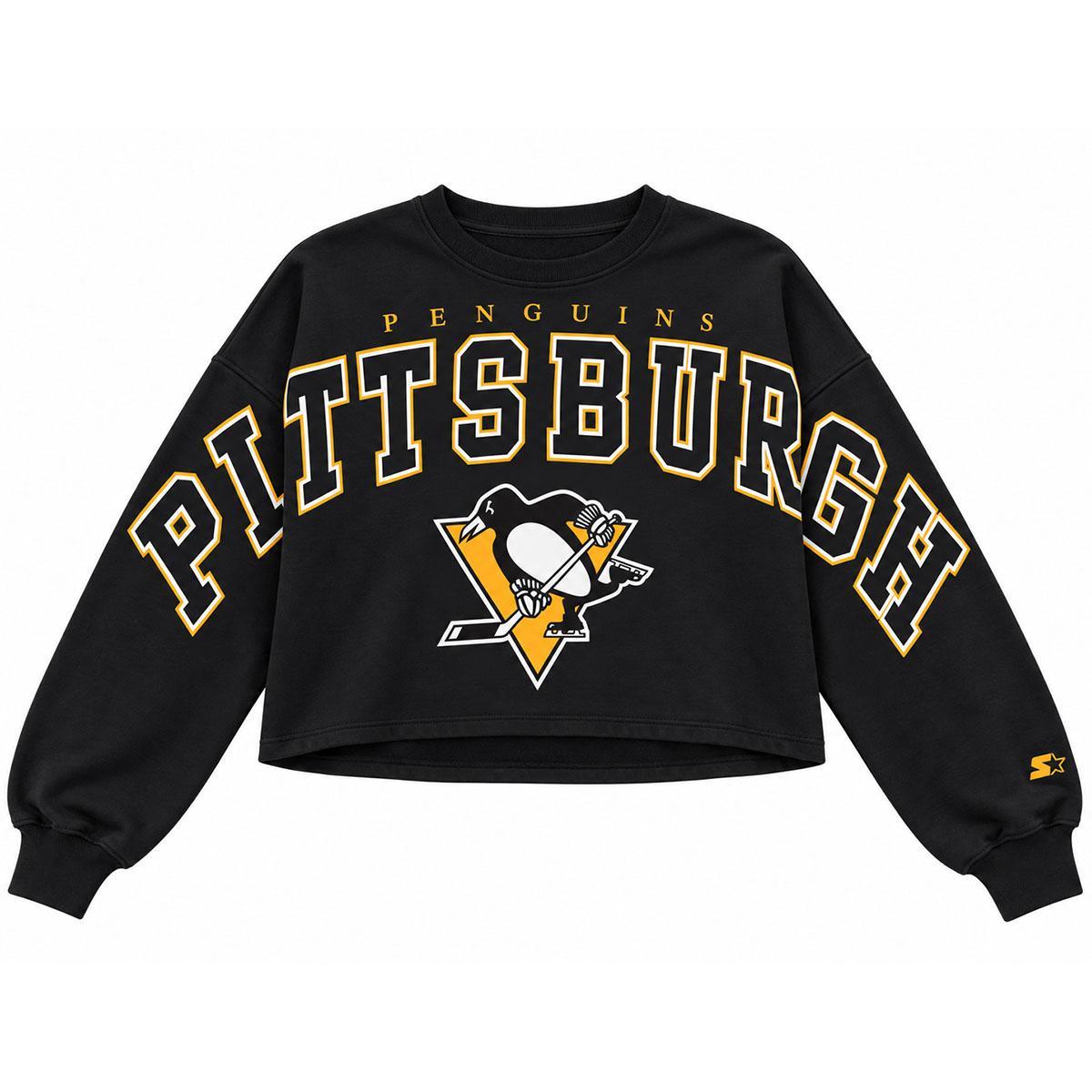 Pittsburgh Penguins Starter Black Bleachers Cropped Drop Shoulder Sweatshirt