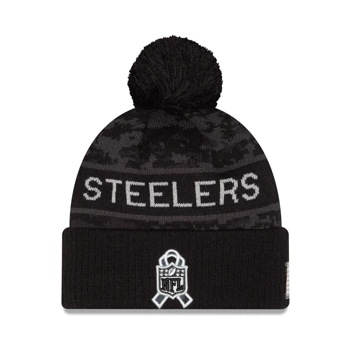 Pittsburgh Steelers New Era Black 2026 Salute To Service Cuffed Knit Hat with Pom
