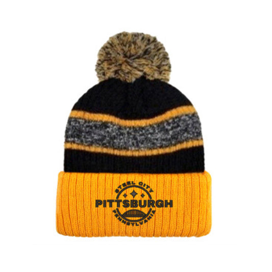 Steel City Crest Gold Stripe Pom Beanie