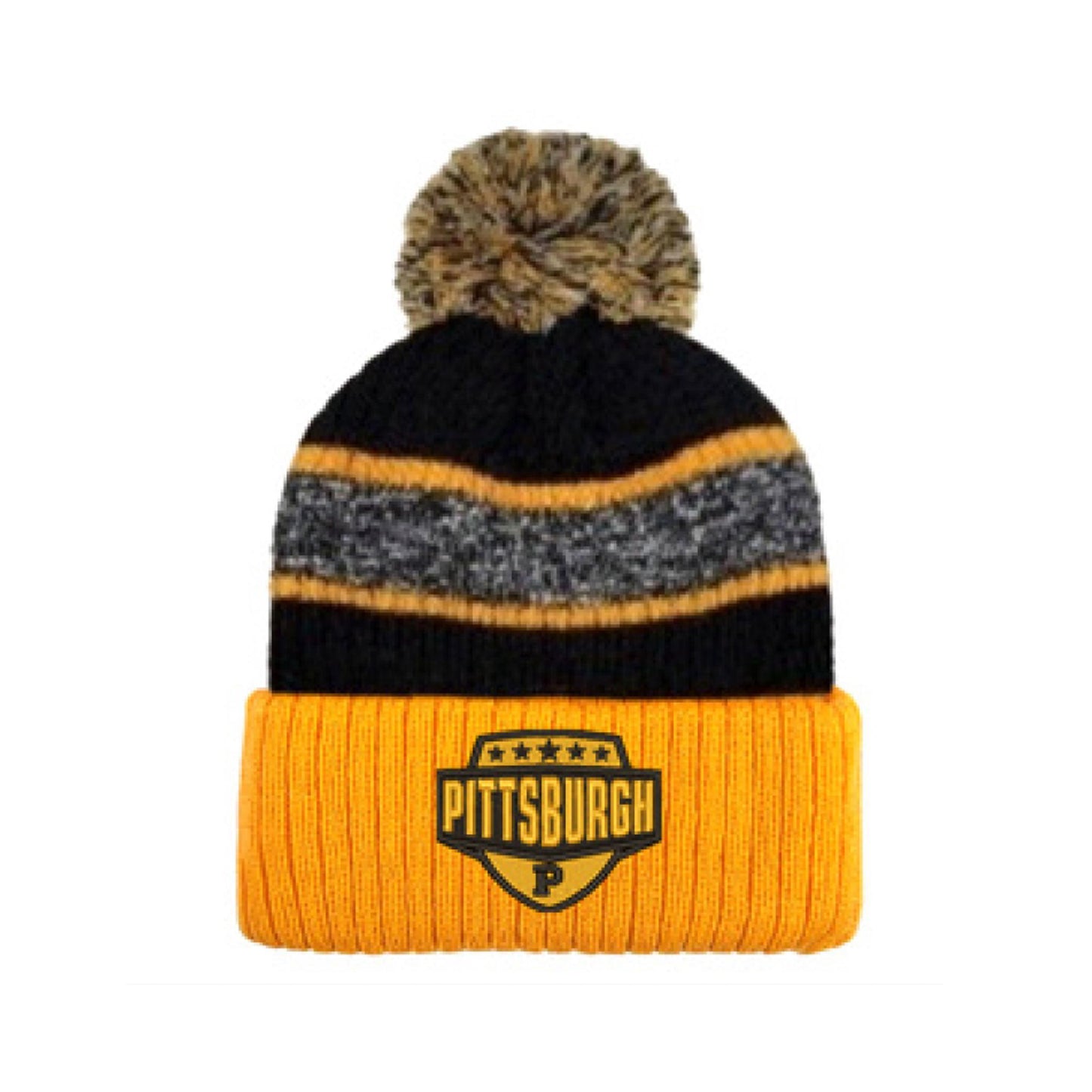 Pittsburgh Badge Gold Stripe Pom Beanie