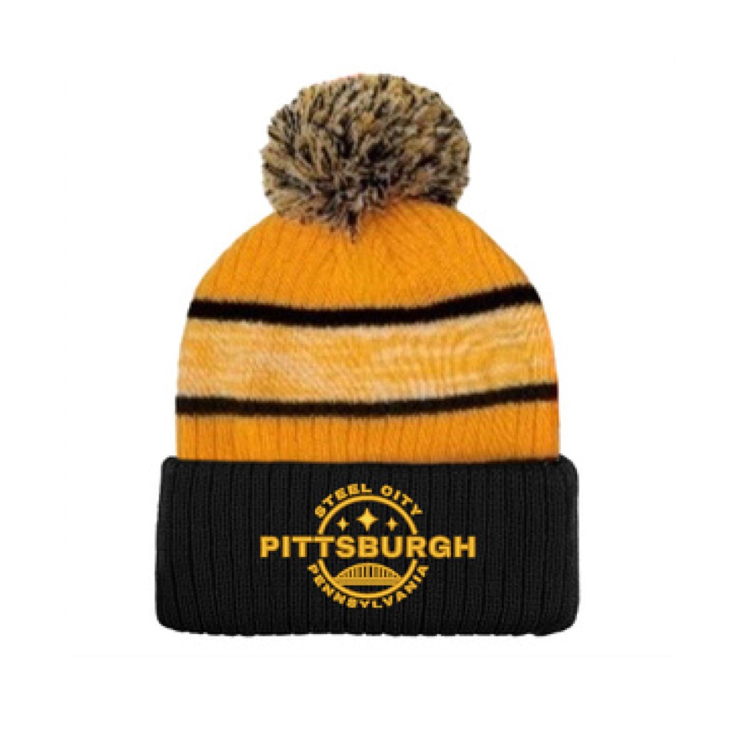 Steel City Crest Black Stripe Pom Beanie
