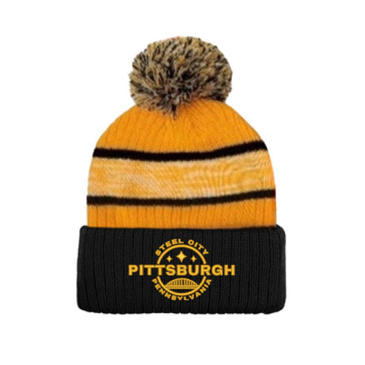 Steel City Crest Black Stripe Pom Beanie