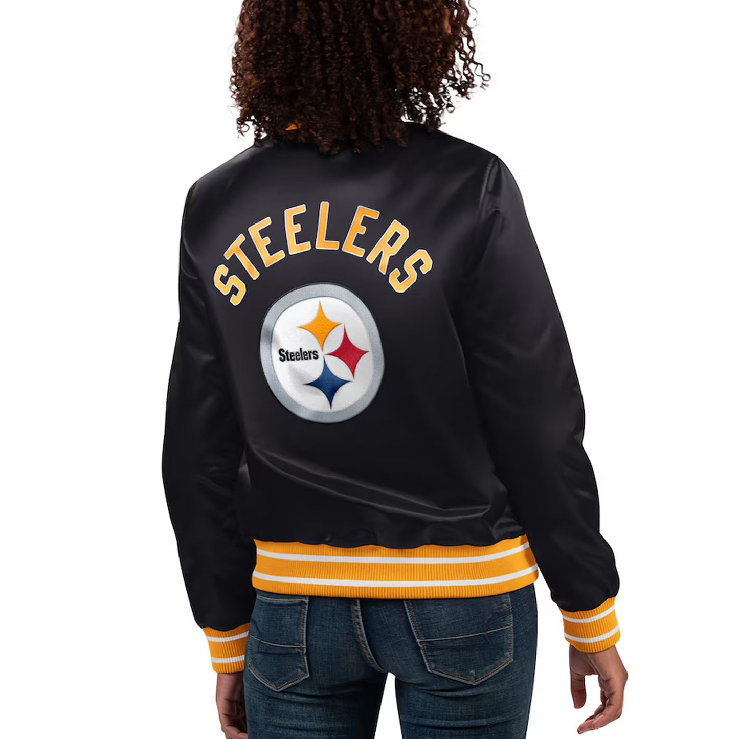 Women's Pittsburgh Steelers Starter Black Full Count Satin Full-Snap Varsity Jacket