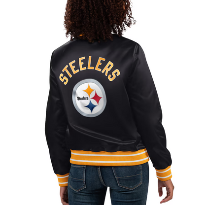 Women's Pittsburgh Steelers Starter Black Full Count Satin Full-Snap Varsity Jacket