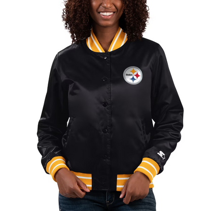 Women's Pittsburgh Steelers Starter Black Full Count Satin Full-Snap Varsity Jacket