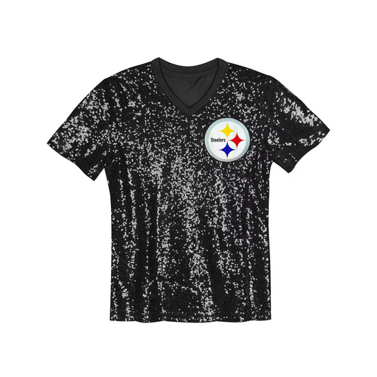 Girls Youth Pittsburgh Steelers Black Wordmark Sequin V-Neck Top