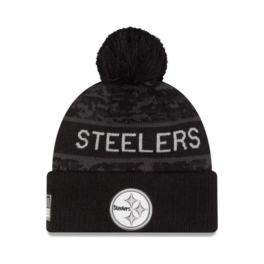 Pittsburgh Steelers New Era Black 2026 Salute To Service Cuffed Knit Hat with Pom