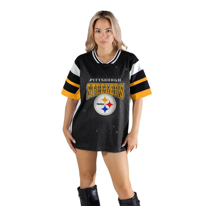 Pittsburgh Steelers Rhinestone V-Neck Fashion Top