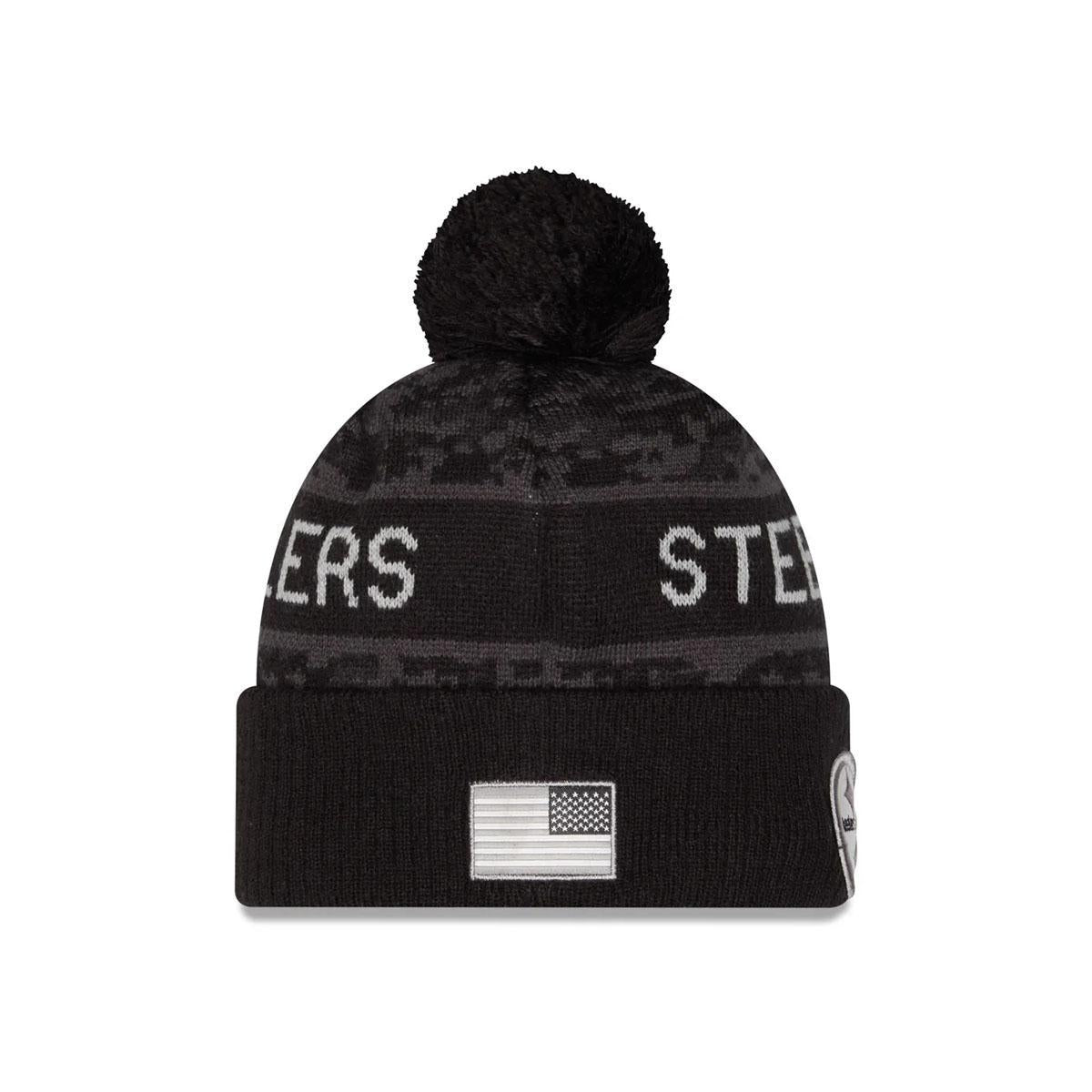 Youth Pittsburgh Steelers New Era Black 2026 Salute To Service Cuffed Knit Hat with Pom