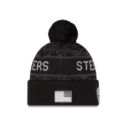 Youth Pittsburgh Steelers New Era Black 2026 Salute To Service Cuffed Knit Hat with Pom