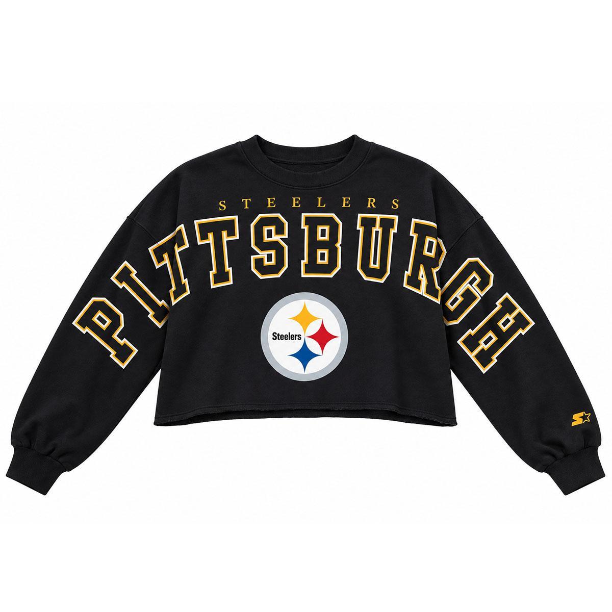 Pittsburgh Steelers Starter Black Bleachers Cropped Drop Shoulder Sweatshirt
