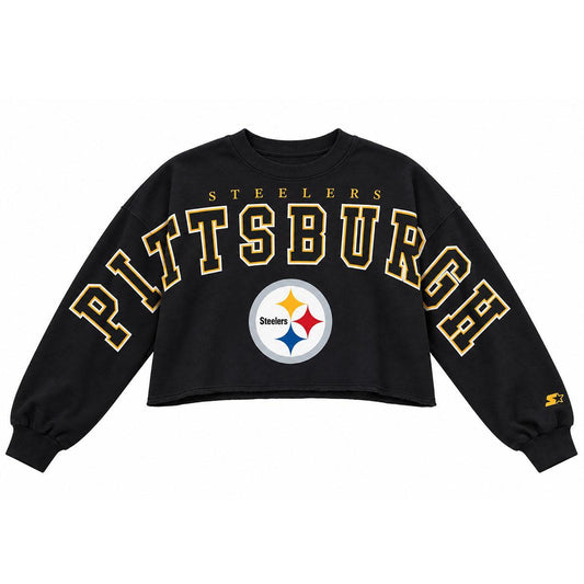 Pittsburgh Steelers Starter Black Bleachers Cropped Drop Shoulder Sweatshirt