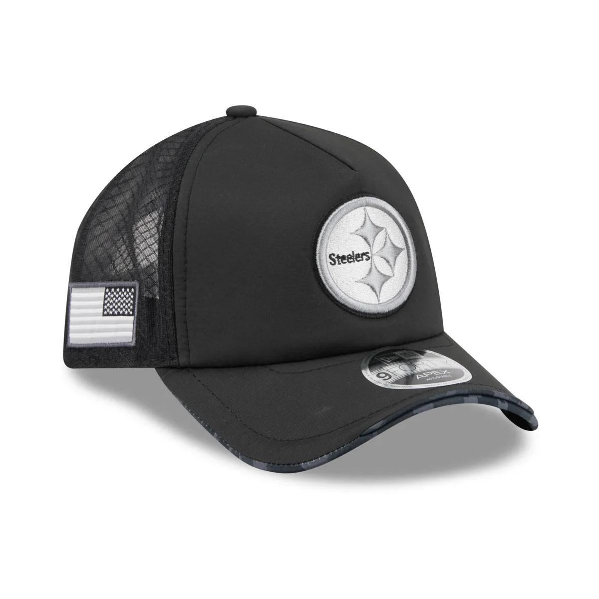Pittsburgh Steelers New Era Black 2026 Salute To Service Apex 9FORTY Adjustable Trucker Hat