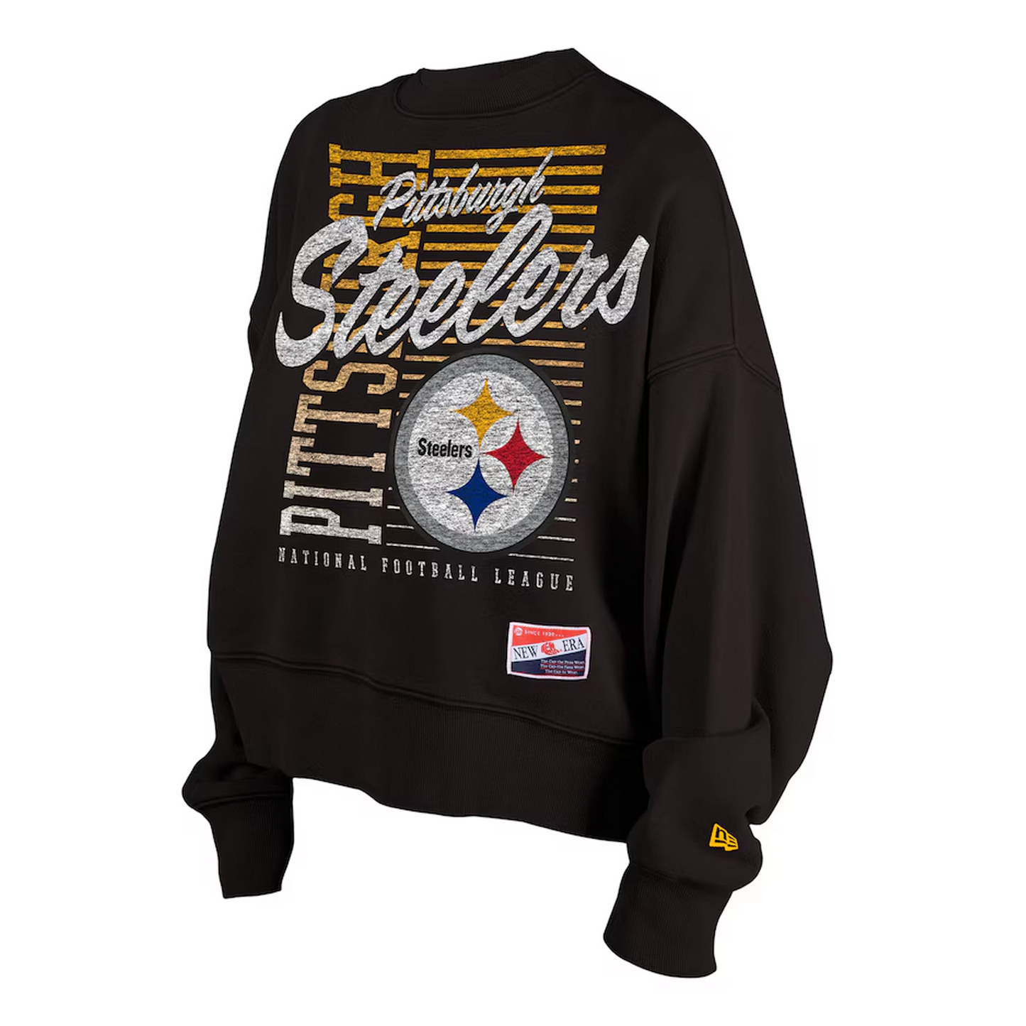 Pittsburgh Steelers New Era Black Oversized Throwback Mineral Wash Crew Neck Sweatshirt
