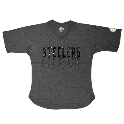 Womens Pittsburgh Steelers Grey V-Neck Sequin Top