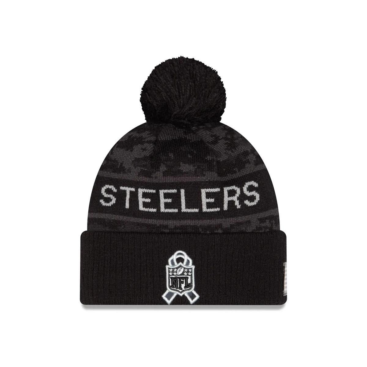 Youth Pittsburgh Steelers New Era Black 2026 Salute To Service Cuffed Knit Hat with Pom