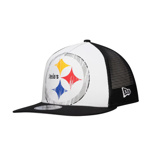 Men's Pittsburgh Steelers New Era White/Black Distressed 9FIFTY A-Frame Snapback Hat