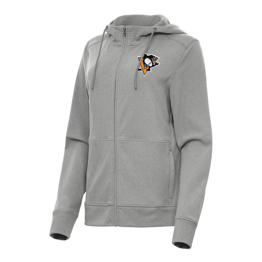 Women's Pittsburgh Penguins Logo Antigua Heather Gray Seeker Full-Zip Hoodie